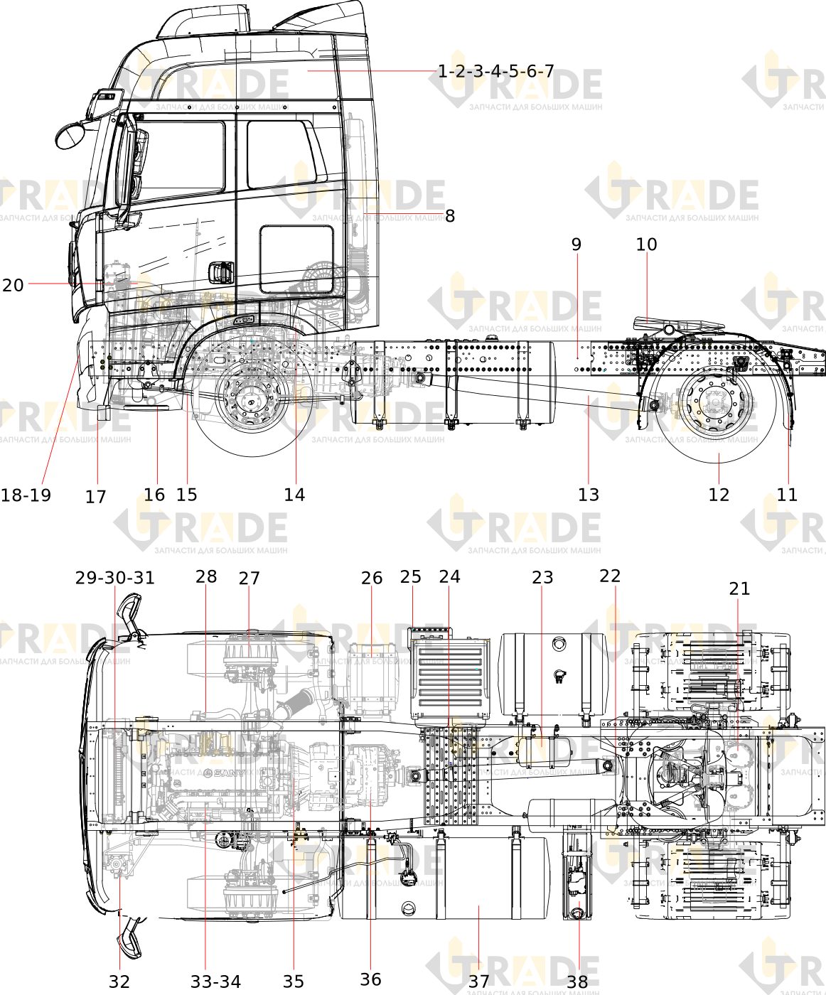 Чертёж — HQC41800SWS12E/40C Jiangshan D12 Euro 5 4×2 экспресс-тягач (495/3.364/AMT/50/Knorr-Bremse ESC/стандартный кузов/автономный отопитель/RU)